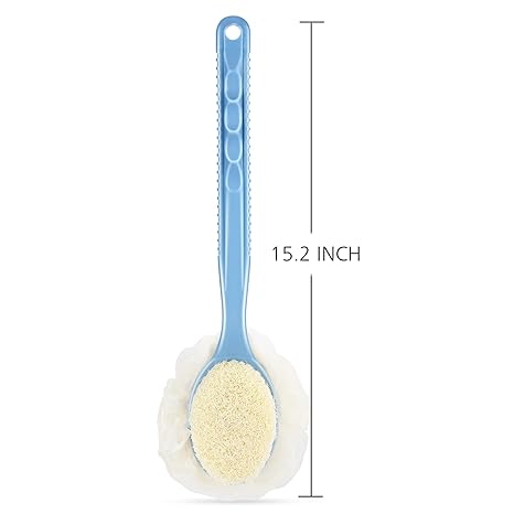 Shower Body Brush with Bristles and Loofah,Back Scrubber Bath Mesh Sponge with Curved Long Handle for Skin Exfoliating Bath, Massage Bristles Suitable for Wet or Dry, Men and Women (Blue)
