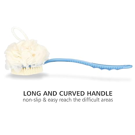 Shower Body Brush with Bristles and Loofah,Back Scrubber Bath Mesh Sponge with Curved Long Handle for Skin Exfoliating Bath, Massage Bristles Suitable for Wet or Dry, Men and Women (Blue)
