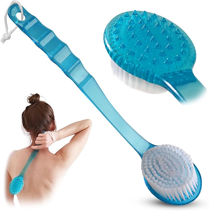 Bath Body Brush Long Handle Back Shower Brush Exfoliating Back, Body, and Feet Scrubber Soft Nylon Bristles (Blue)