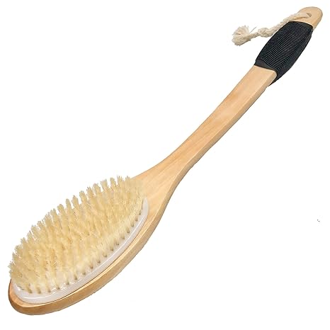 Bath Brush Wooden Curved Long Handle Antiskid Shower Brush for Exfoliating, Natural Bristle Scrubber for Back Use Wet or Dry