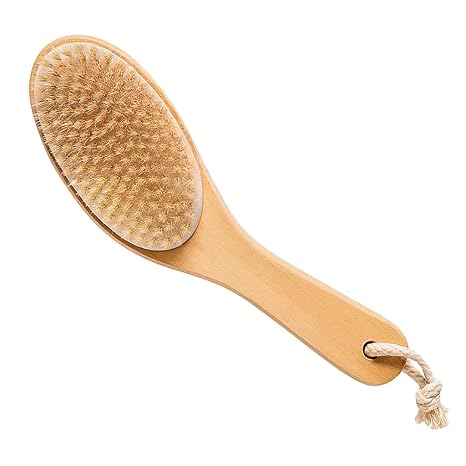 100% natural wild boar bristle body brush with an ergonomically designed wooden handle.