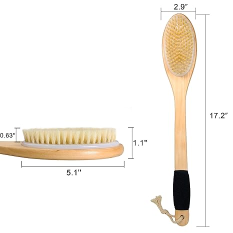 Bath Brush Wooden Curved Long Handle Antiskid Shower Brush for Exfoliating, Natural Bristle Scrubber for Back Use Wet or Dry