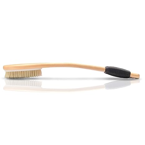 Bath Brush Wooden Curved Long Handle Antiskid Shower Brush for Exfoliating, Natural Bristle Scrubber for Back Use Wet or Dry