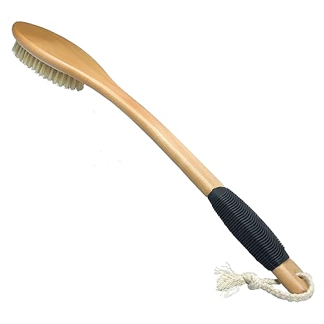 Bath Brush Wooden Curved Long Handle Antiskid Shower Brush for Exfoliating, Natural Bristle Scrubber for Back Use Wet or Dry