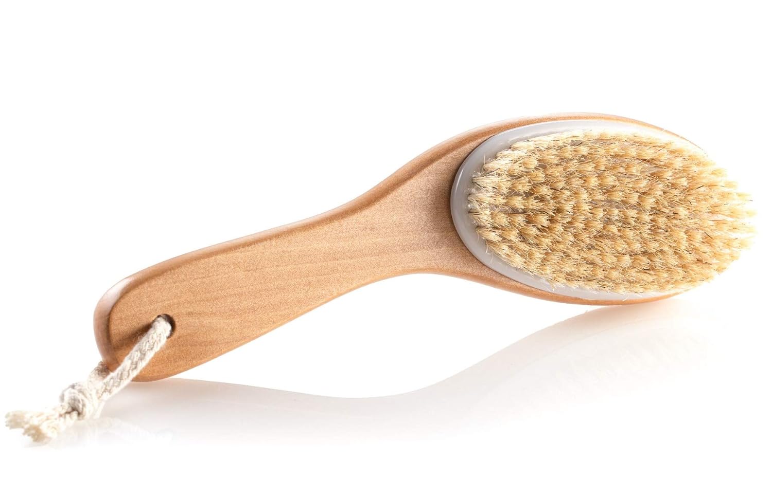 100% natural wild boar bristle body brush with an ergonomically designed wooden handle.