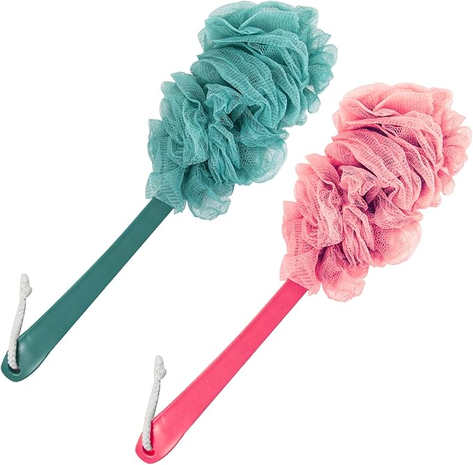 Bath and back scrubbing brush, loofah sponge exfoliating body brush, long-handled bath back brush with loofah, convenient for cleaning the back, bath accessories body brush (2-pack)