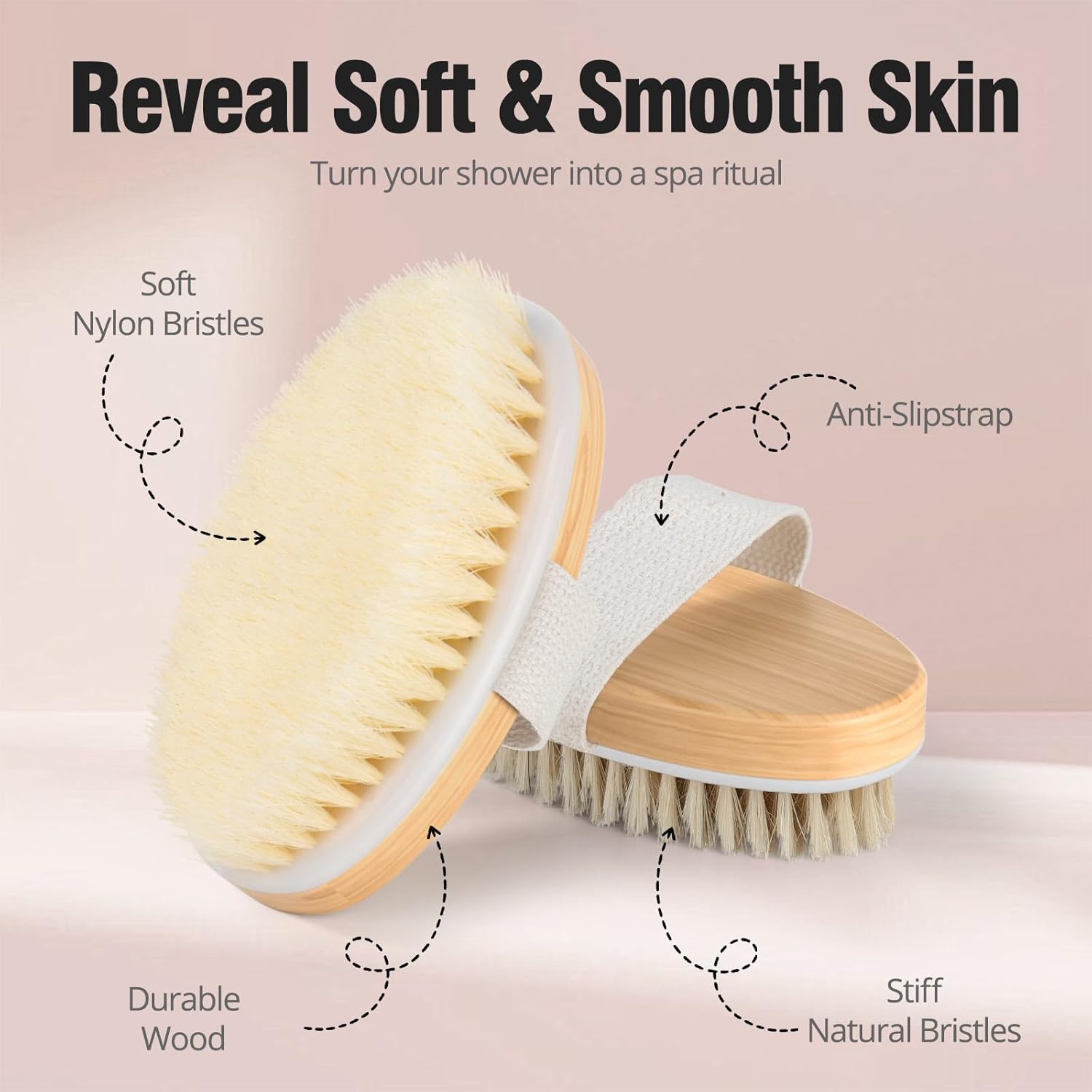 2 Pack Dry Brushing Body Brush, Natural and Soft Bristle Shower Brush for Body Cleaning, Exfoliating Bath Brush for Lymphatic Drainage Improve Circulation, Body Exfoliator Scrubber for Women Men