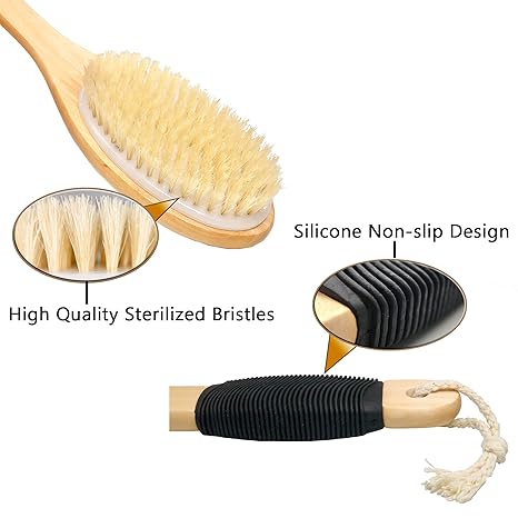 Bath Brush Wooden Curved Long Handle Antiskid Shower Brush for Exfoliating, Natural Bristle Scrubber for Back Use Wet or Dry