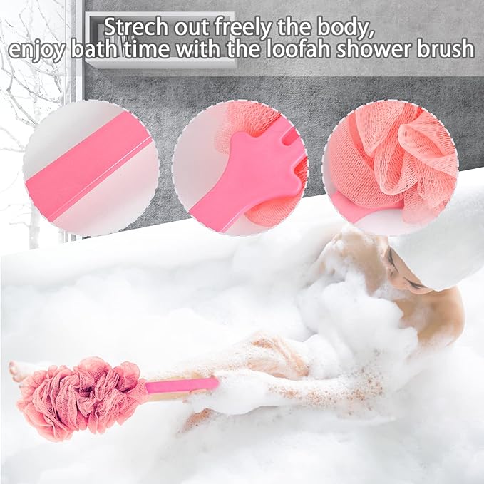 Bath and back scrubbing brush, loofah sponge exfoliating body brush, long-handled bath back brush with loofah, convenient for cleaning the back, bath accessories body brush (2-pack)